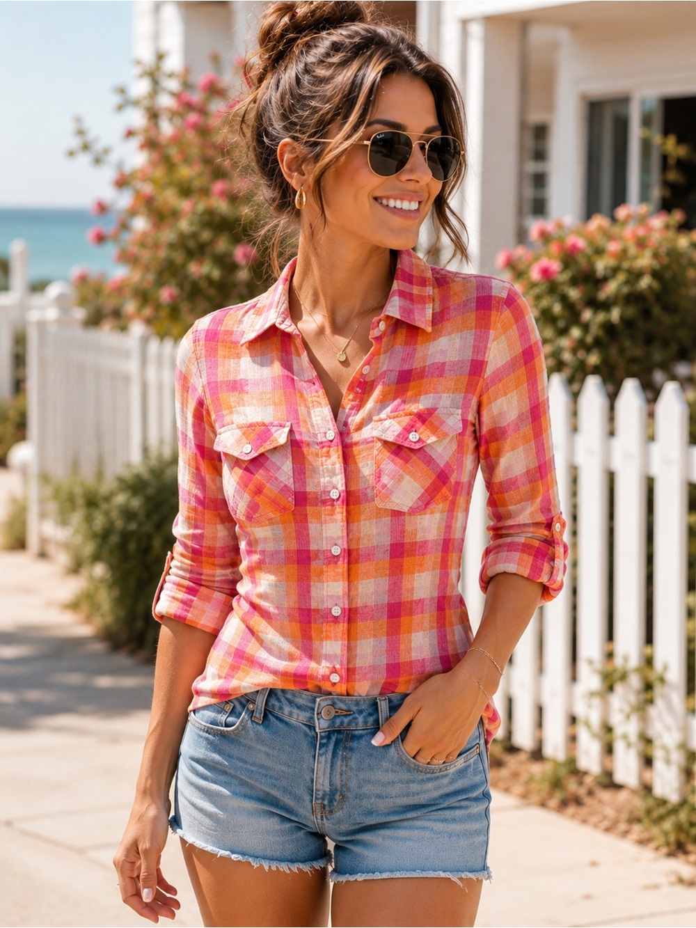 Women’s Pink Orange Plaid Button Front Shirt Roll Tab Sleeve Lightweight Size S